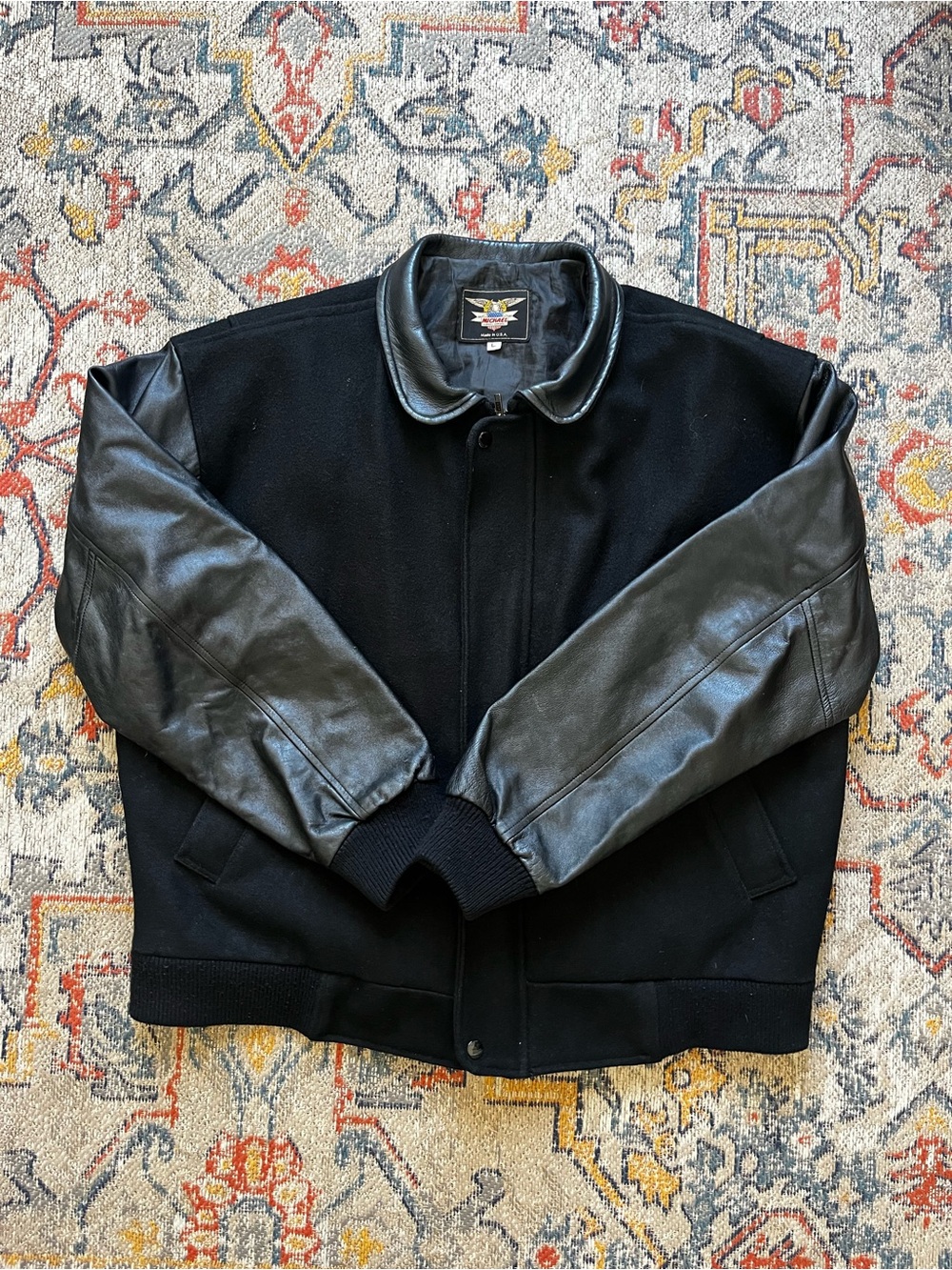 Michaels Black Wool Bomber Jacket with Black Leather Sleeves L Varsity Jacket